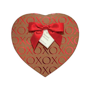 Heart-shaped box of Italian gianduia chocolate hearts with red bow and red foil embossed XOXO across the lid.