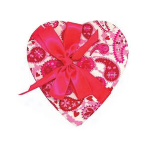 Heart-shaped box designed with pink paiselys, filled with Italian gianduia chocolate hearts and wrapped with a pink ribbon and bow.